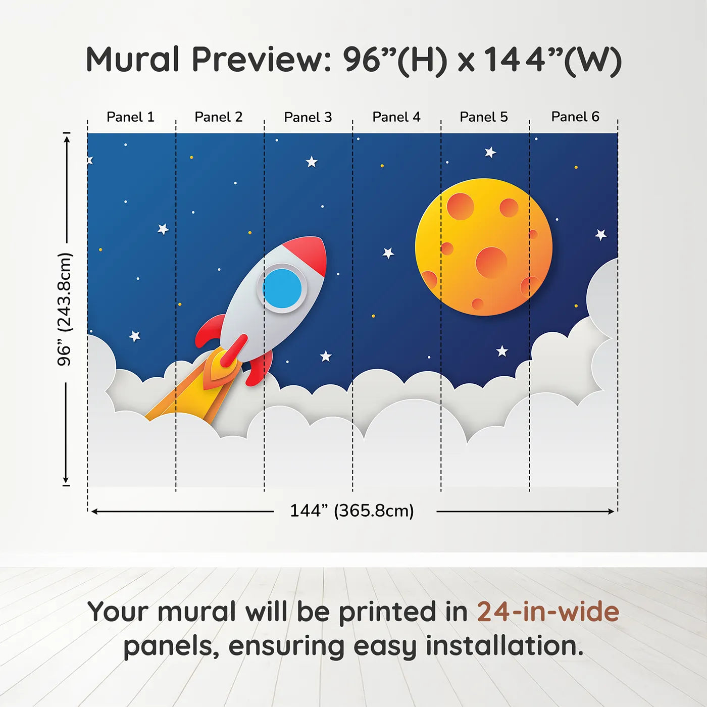 Whimsy Tots Papercraft Rocket Launch Wall Muraldimension view (96" H x 144" W). Printed in six 24-inch-wide panels. Gender-Neutral