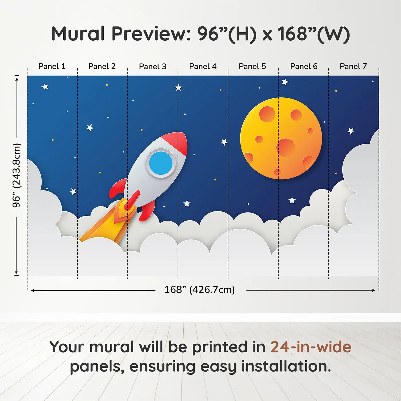 Whimsy Tots Papercraft Rocket Launch Wall Muraldimension view (96" H x 168" W). Printed in seven 24-inch-wide panels. Gender-Neutral
