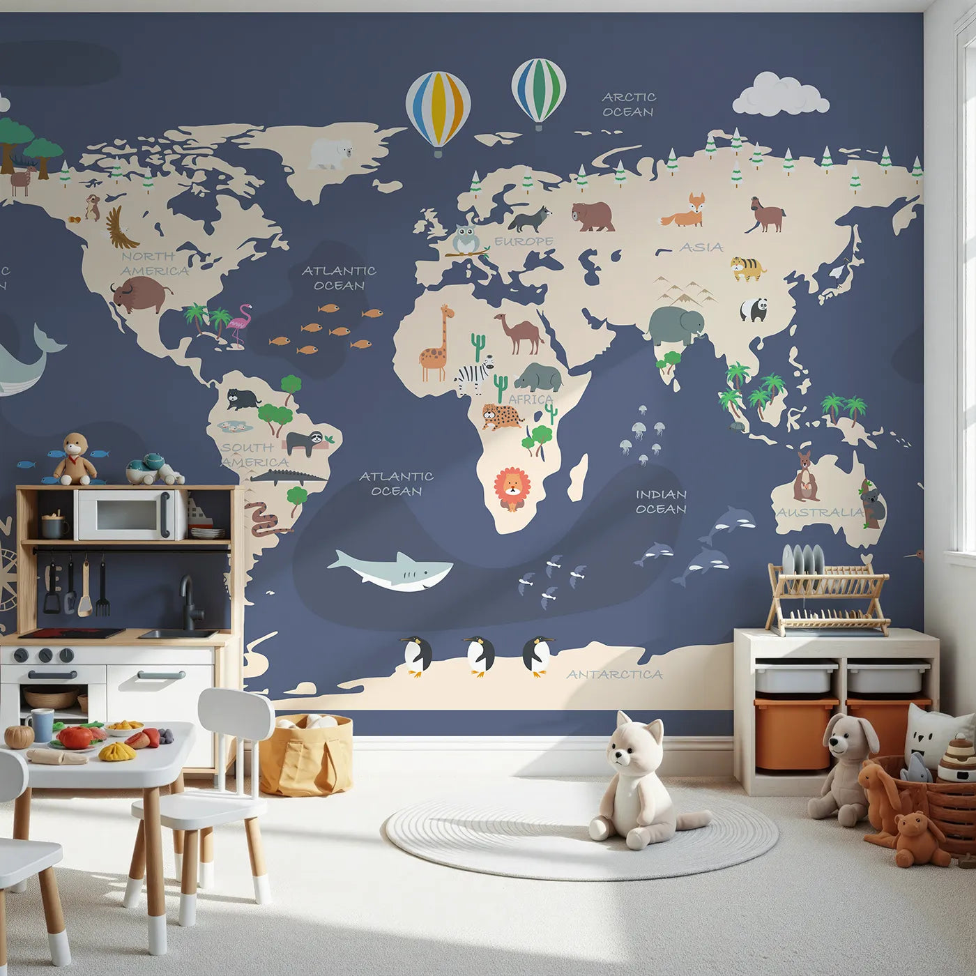 Front view of Whimsy Tots' Cartoon World Map Adventure Wall Mural