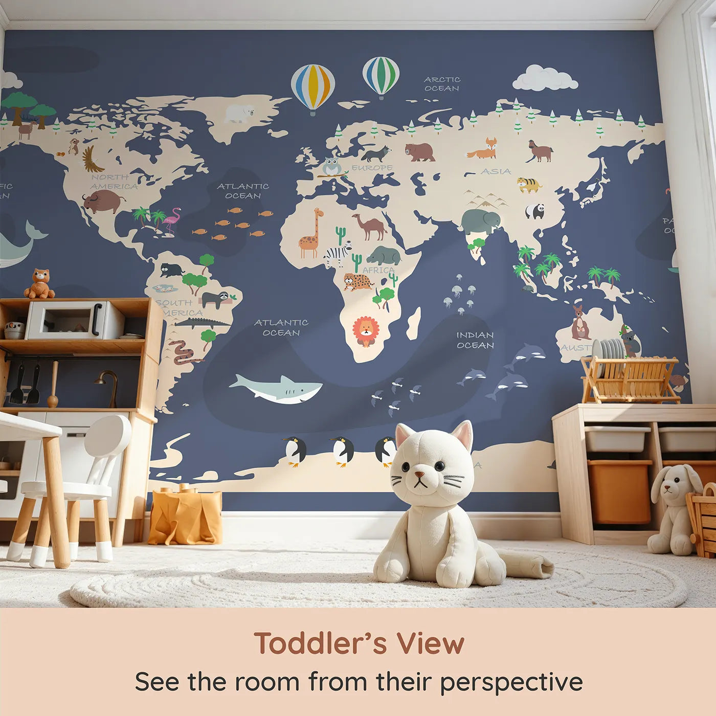 Whimsy Tots Cartoon World Map Adventure Wall Mural (Turn Their Room into a Global Expedition) from your child's view.Gender-Neutral