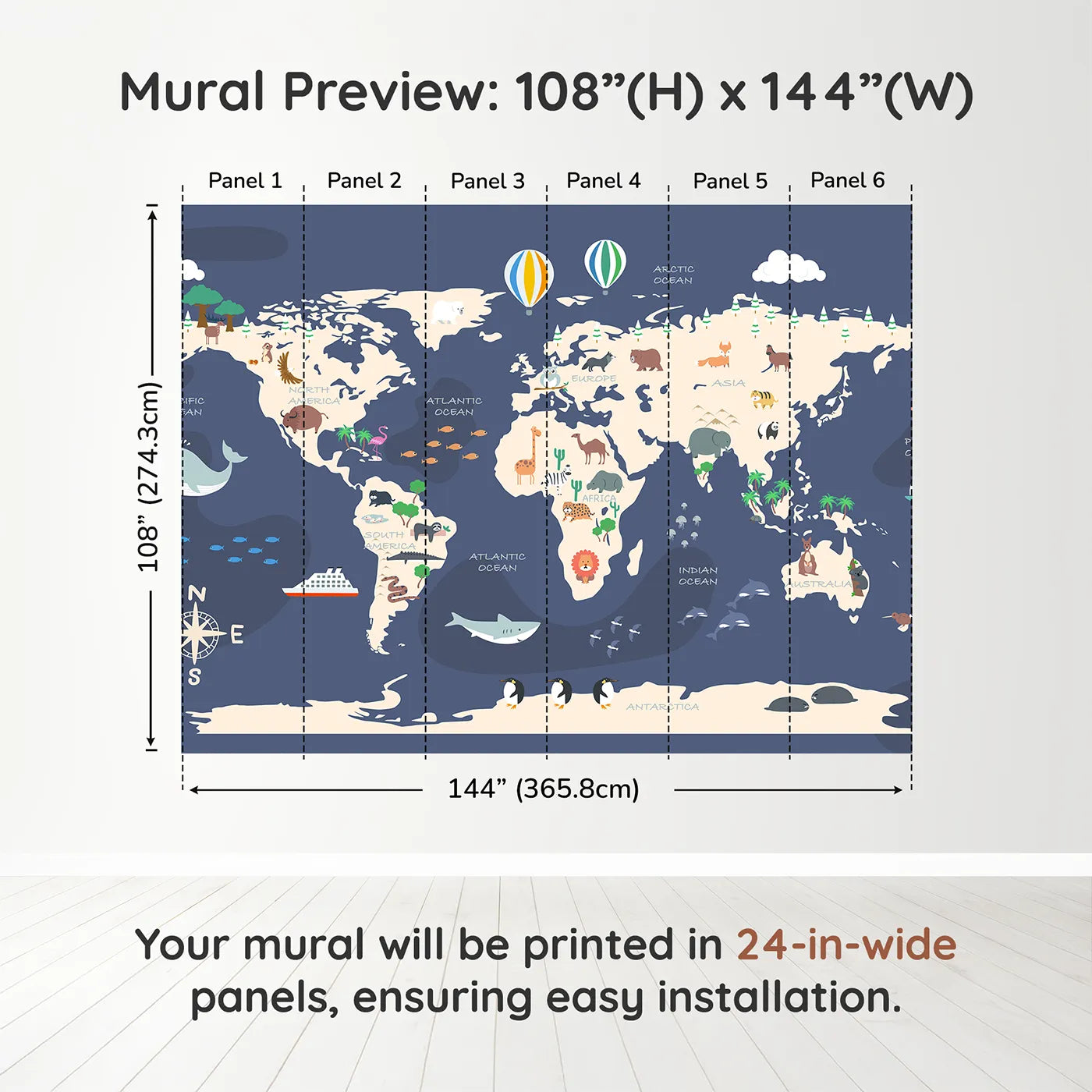 Whimsy Tots Cartoon World Map Adventure Wall Muraldimension view (108" H x 144" W). Printed in six 24-inch-wide panels. Gender-Neutral
