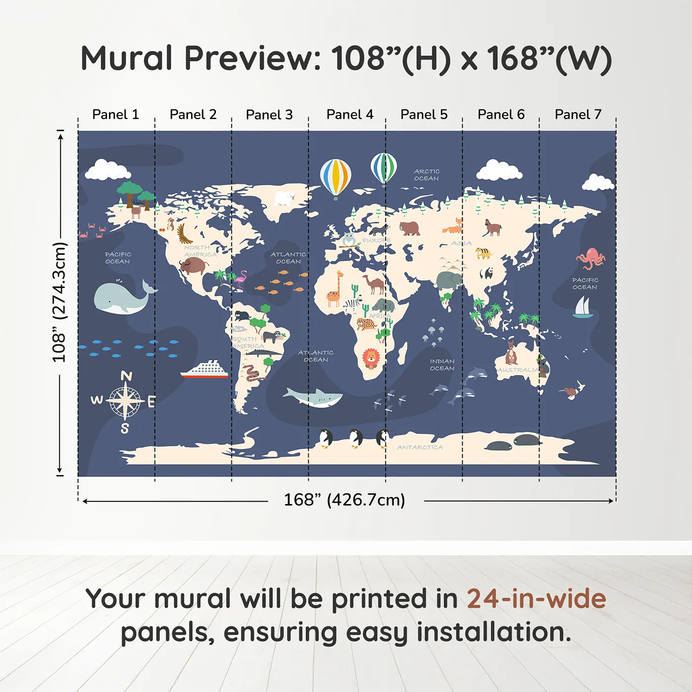 Whimsy Tots Cartoon World Map Adventure Wall Muraldimension view (108" H x 168" W). Printed in seven 24-inch-wide panels. Gender-Neutral