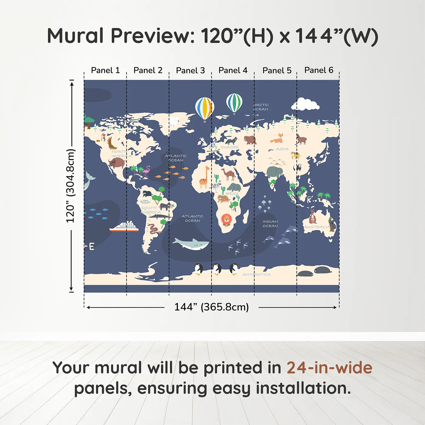 Whimsy Tots Cartoon World Map Adventure Wall Muraldimension view (120" H x 144" W). Printed in six 24-inch-wide panels. Gender-Neutral