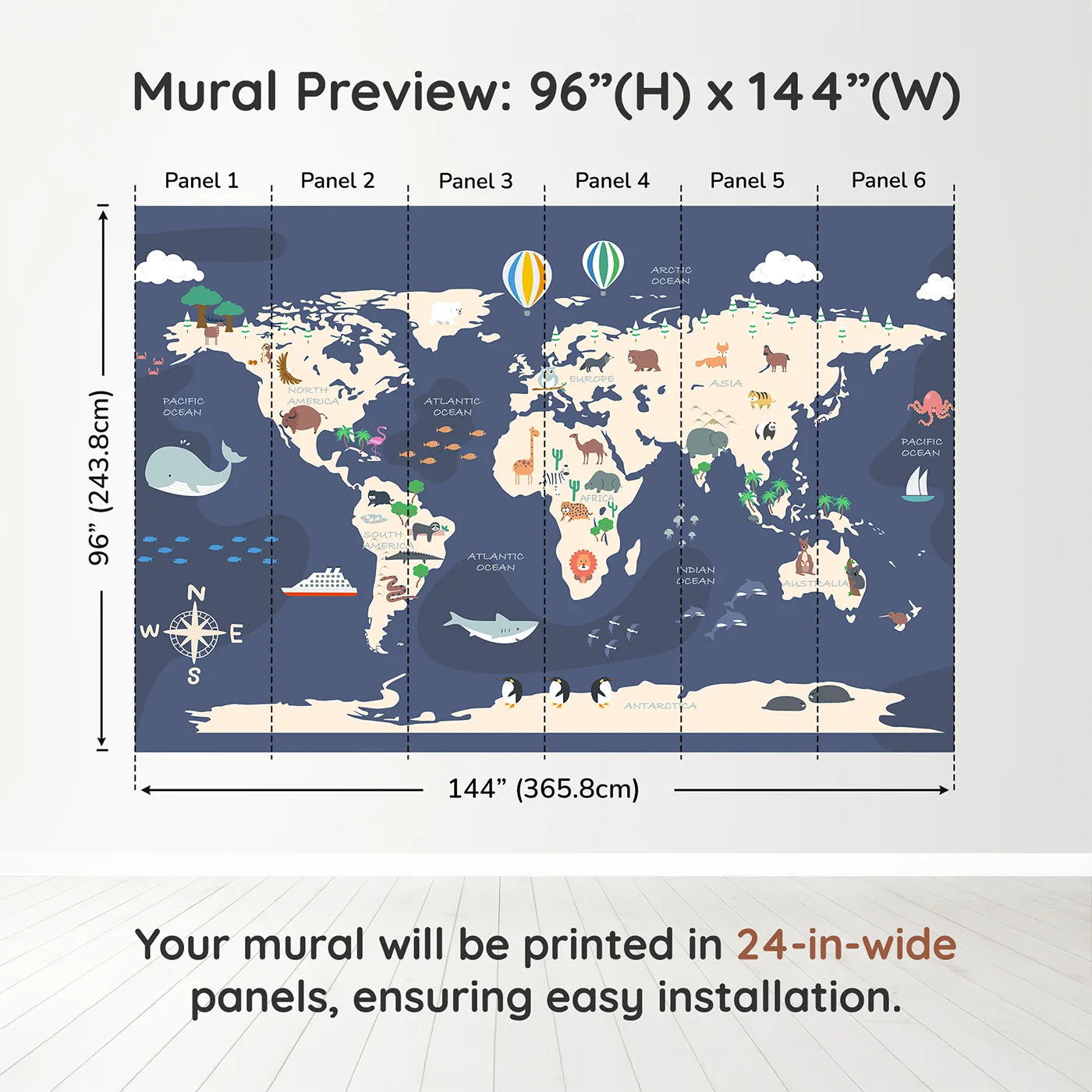 Whimsy Tots Cartoon World Map Adventure Wall Muraldimension view (96" H x 144" W). Printed in six 24-inch-wide panels. Gender-Neutral