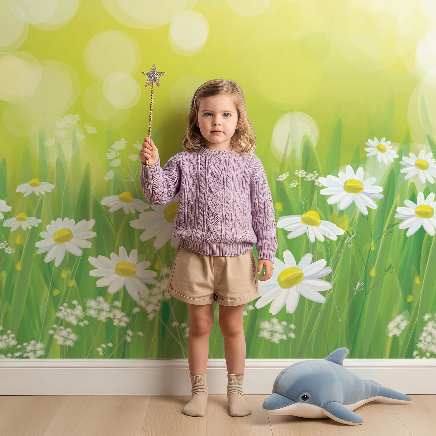Child in front of Whimsy Tots Summer Daisy Field Wall Mural with daisy, flower, meadow, sun, light, grass, summer, nature in design.
