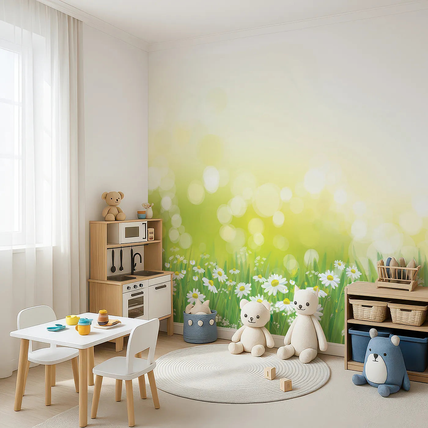 Angled view of Whimsy Tots' Summer Daisy Field Wall Mural (Turn Their Room into a Meadow of Sunshine).Gender-Neutral