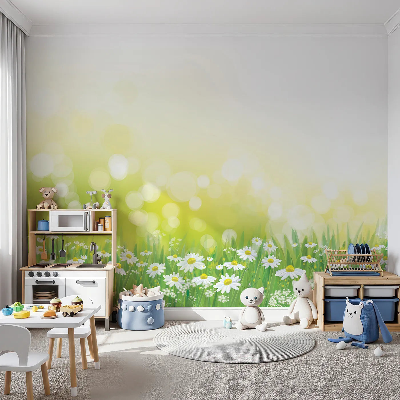 Front view of Whimsy Tots' Summer Daisy Field Wall Mural