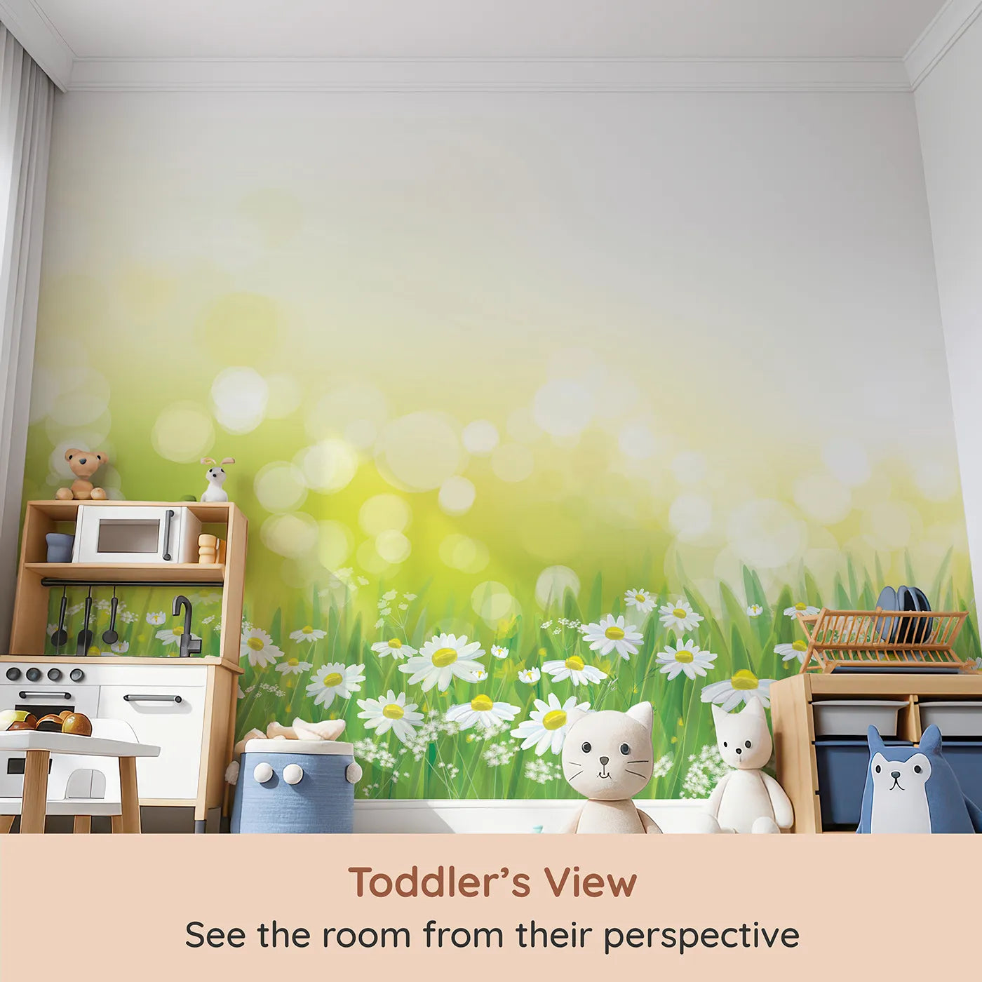Whimsy Tots Summer Daisy Field Wall Mural (Turn Their Room into a Meadow of Sunshine) from your child's view.Gender-Neutral