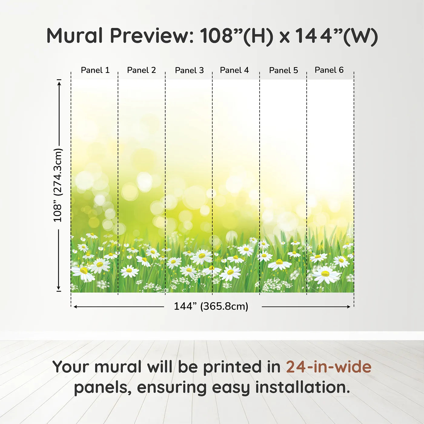 Whimsy Tots Summer Daisy Field Wall Muraldimension view (108" H x 144" W). Printed in six 24-inch-wide panels. Gender-Neutral