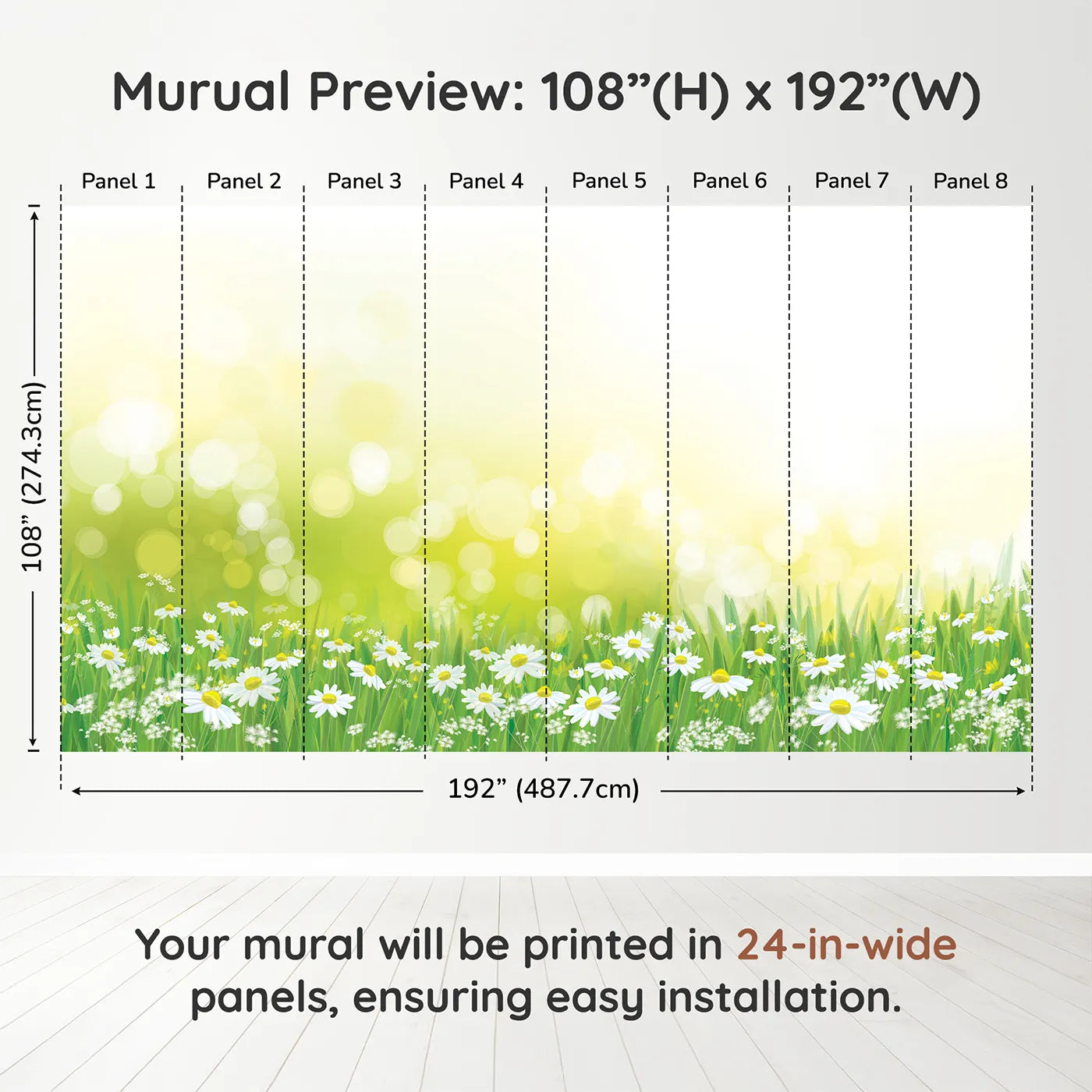 Whimsy Tots Summer Daisy Field Wall Muraldimension view (108" H x 192" W). Printed in eight 24-inch-wide panels. Gender-Neutral