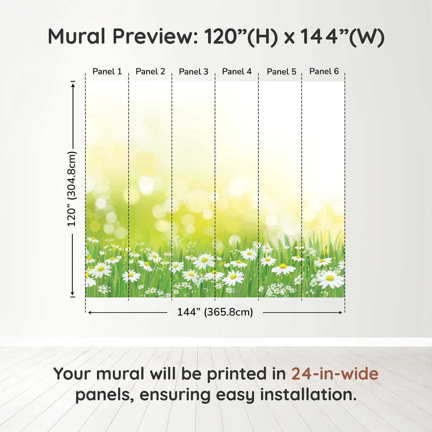 Whimsy Tots Summer Daisy Field Wall Muraldimension view (120" H x 144" W). Printed in six 24-inch-wide panels. Gender-Neutral