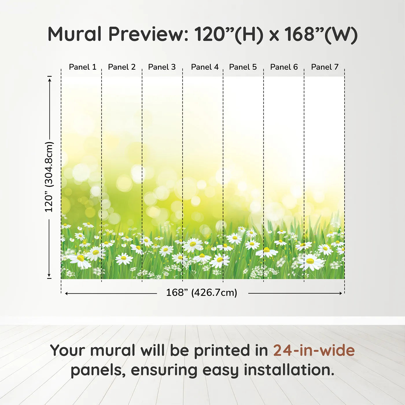 Whimsy Tots Summer Daisy Field Wall Muraldimension view (120" H x 168" W). Printed in seven 24-inch-wide panels. Gender-Neutral
