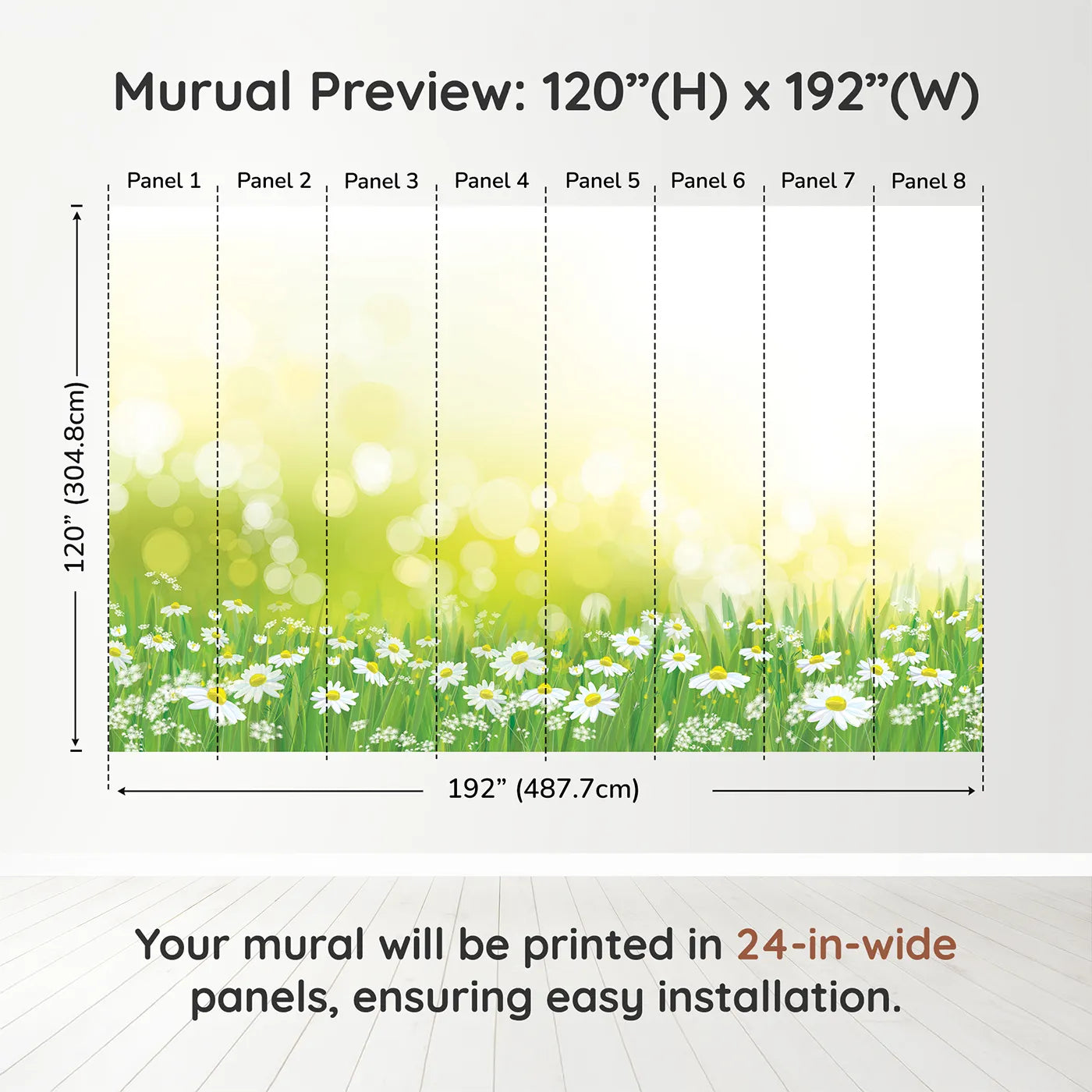 Whimsy Tots Summer Daisy Field Wall Muraldimension view (120" H x 192" W). Printed in eight 24-inch-wide panels. Gender-Neutral