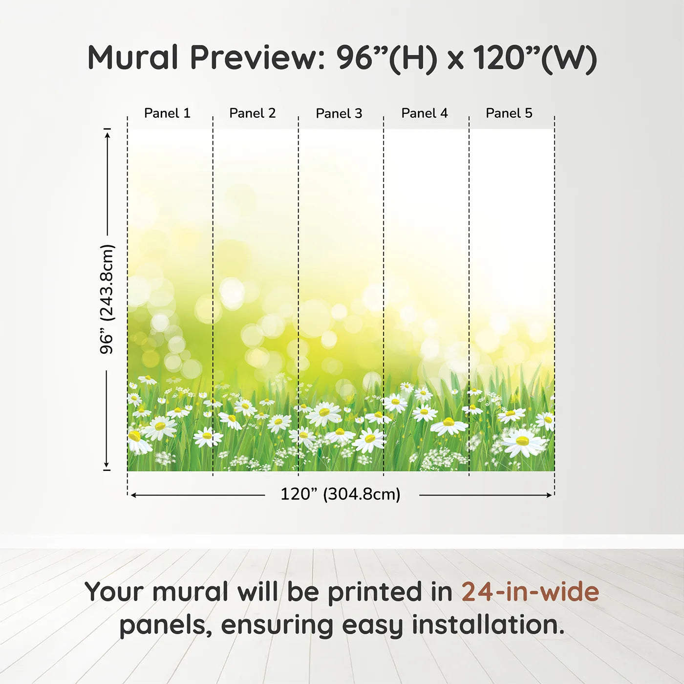Whimsy Tots Summer Daisy Field Wall Muraldimension view (96" H x 120" W). Printed in five 24-inch-wide panels. Gender-Neutral