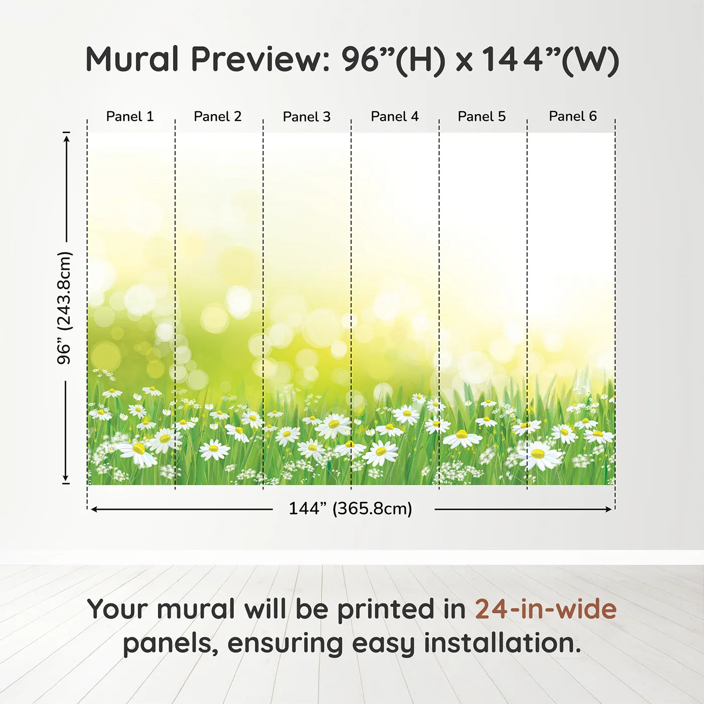 Whimsy Tots Summer Daisy Field Wall Muraldimension view (96" H x 144" W). Printed in six 24-inch-wide panels. Gender-Neutral