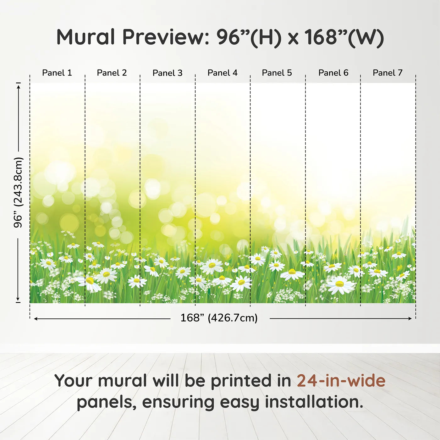 Whimsy Tots Summer Daisy Field Wall Muraldimension view (96" H x 168" W). Printed in seven 24-inch-wide panels. Gender-Neutral