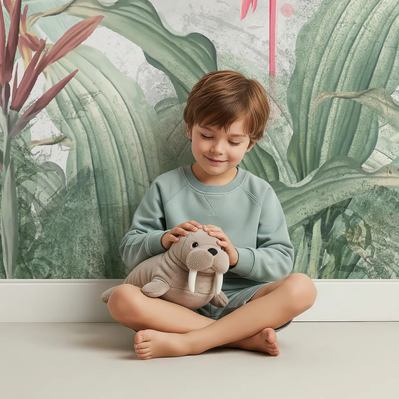 Child in front of Whimsy Tots Watercolor Flamingo Jungle Wall Mural with flamingo, tropical, leaf, jungle, pink, watercolor, bird, flower in design.