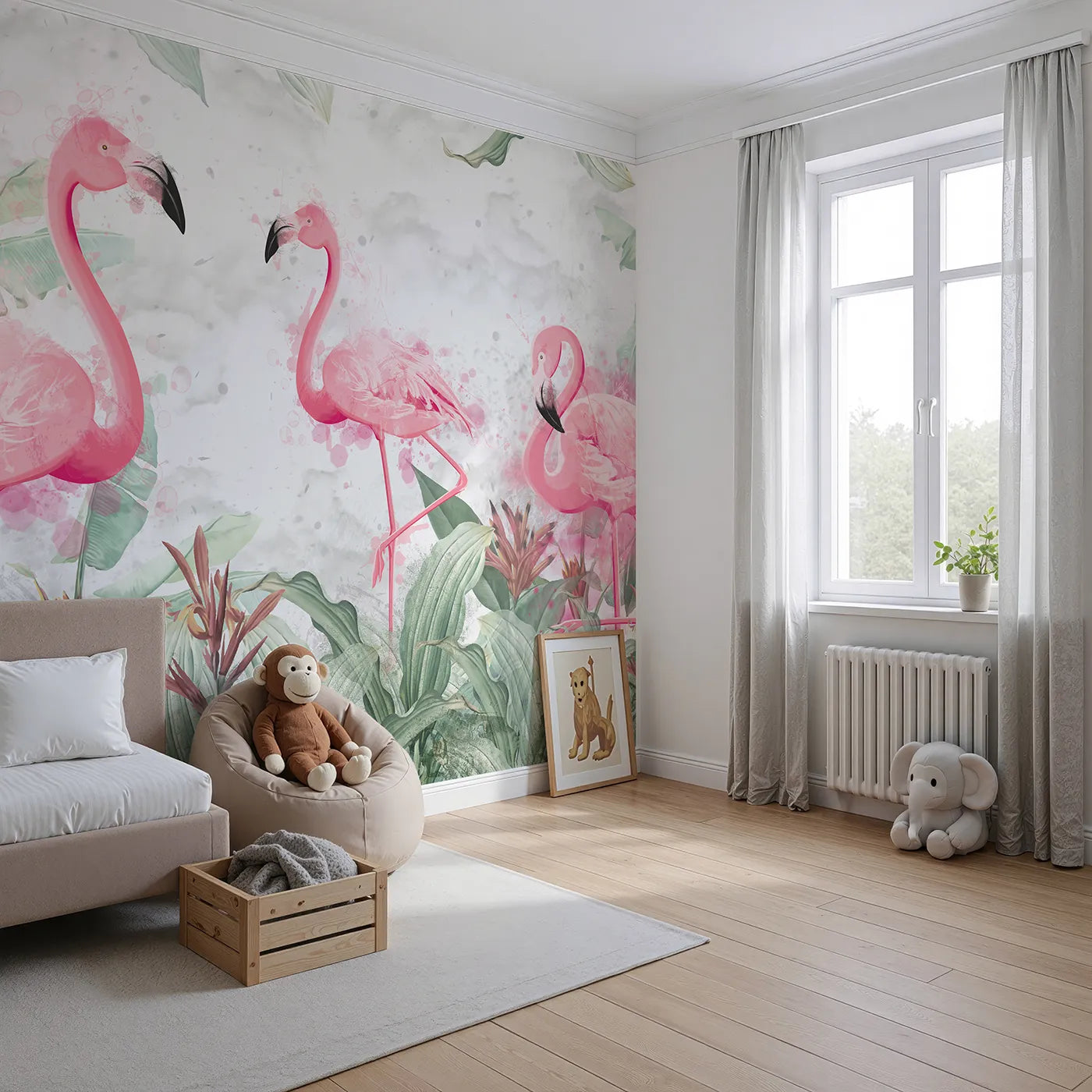 Angled view of Whimsy Tots' Watercolor Flamingo Jungle Wall Mural (Turn Their Room into a Chic Tropical Hideaway).Best for Girls