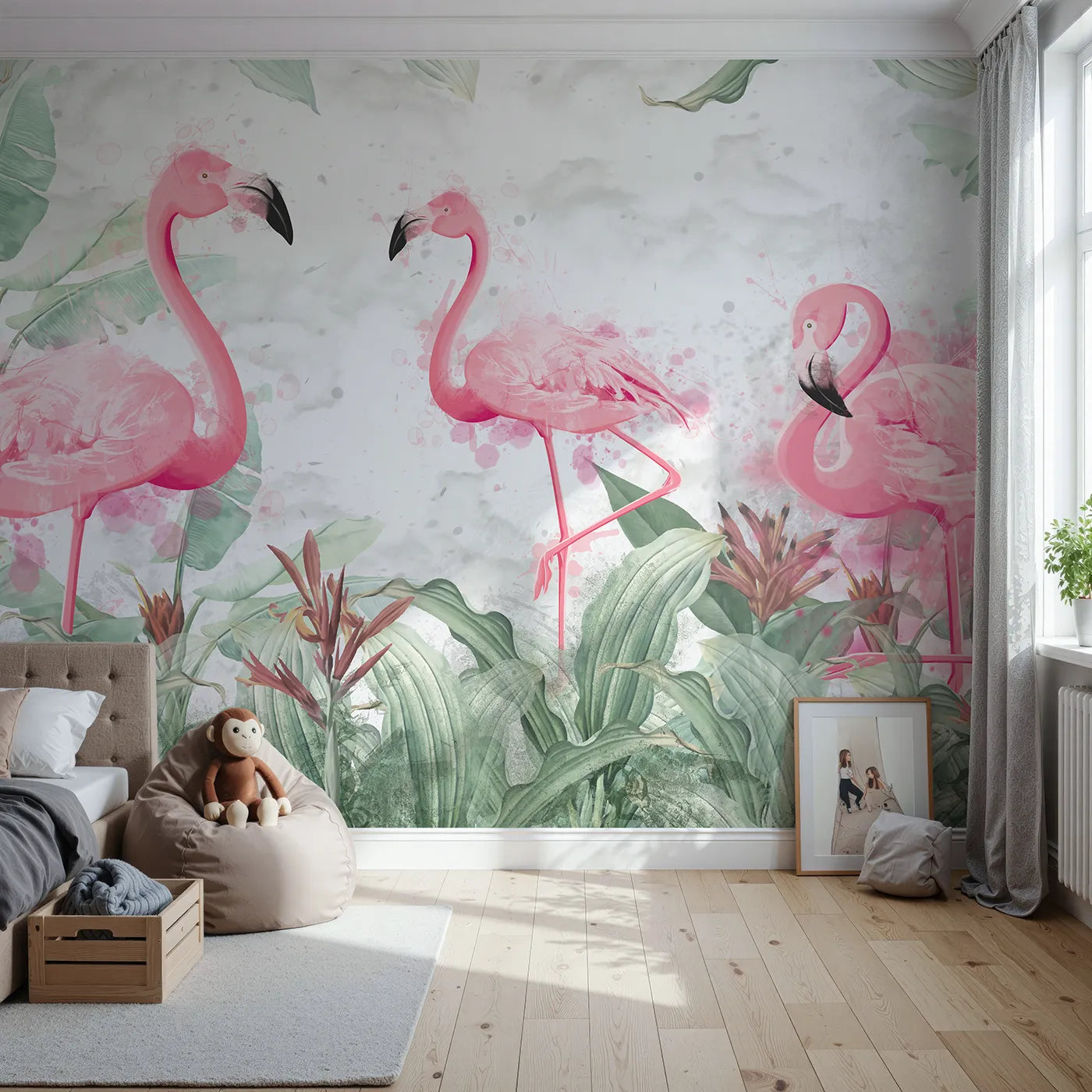 Front view of Whimsy Tots' Watercolor Flamingo Jungle Wall Mural