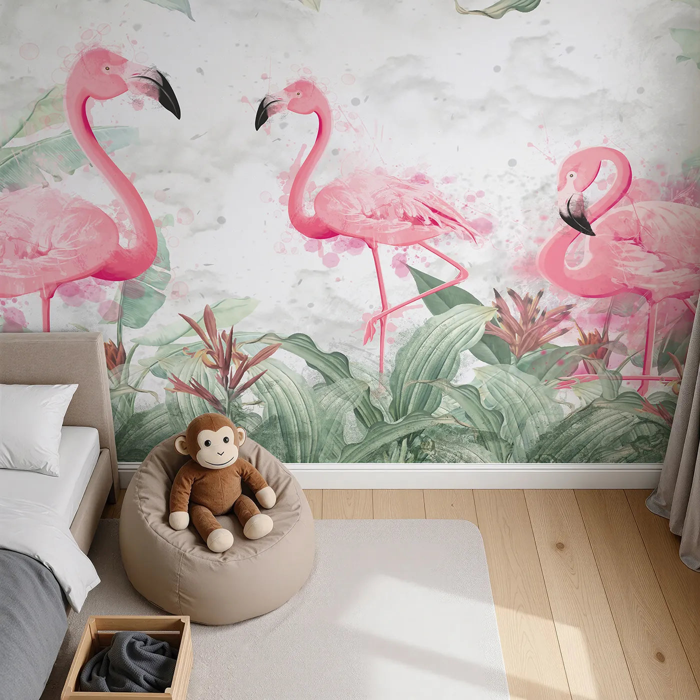 Top-down view of Whimsy Tots' Watercolor Flamingo Jungle Wall Mural (Turn Their Room into a Chic Tropical Hideaway).Best for Girls
