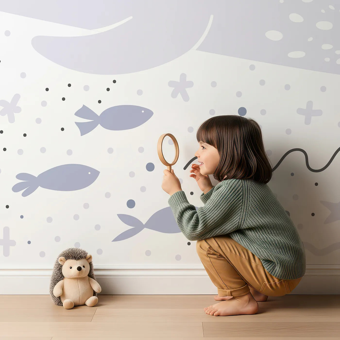 Child in front of Whimsy Tots Boho Rainbow Whale Wall Mural with whale, rainbow, boho, ocean, sea, cute, animal, abstract in design.