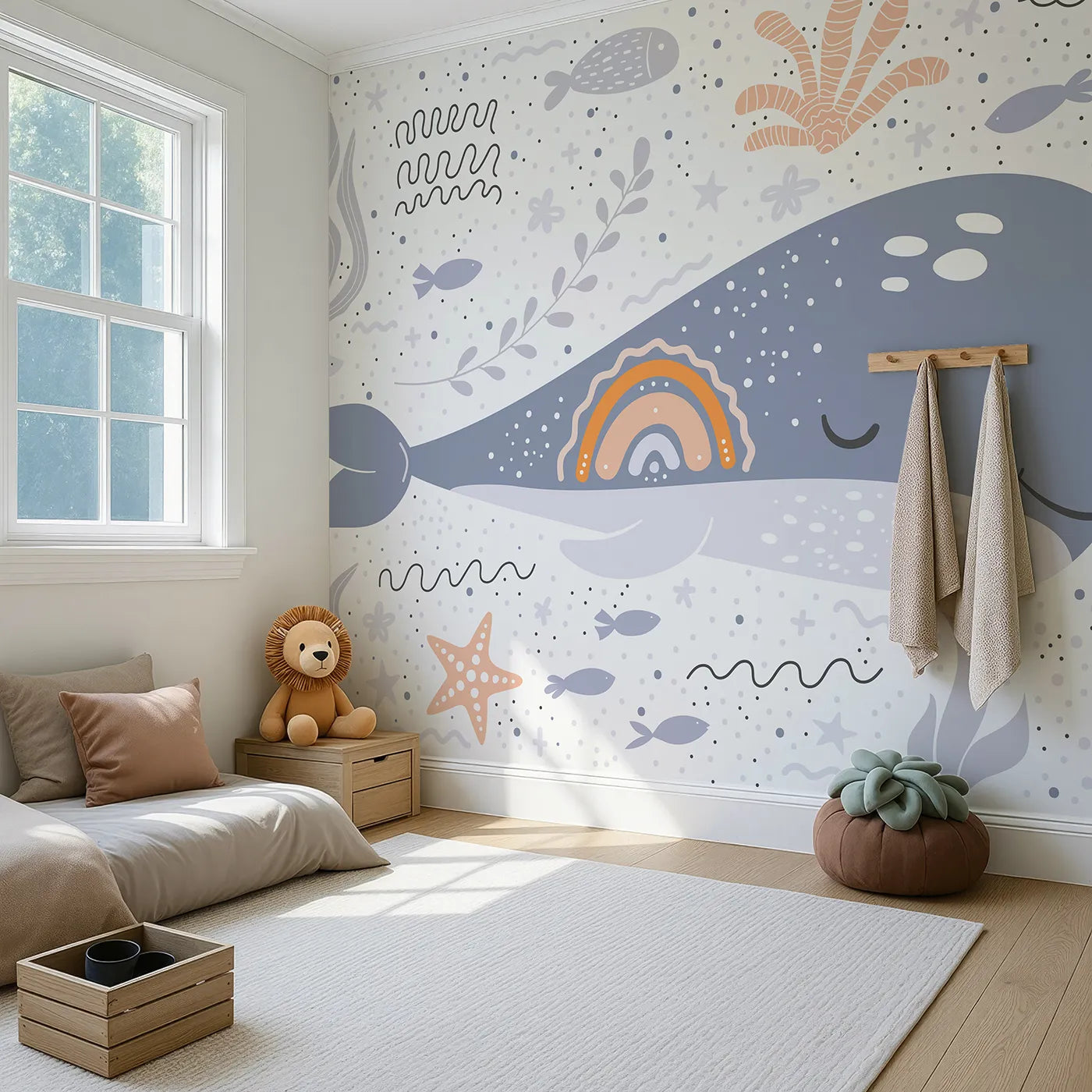 Angled view of Whimsy Tots' Boho Rainbow Whale Wall Mural (Turn Their Room into a Sea of Sweet Dreams).Gender-Neutral