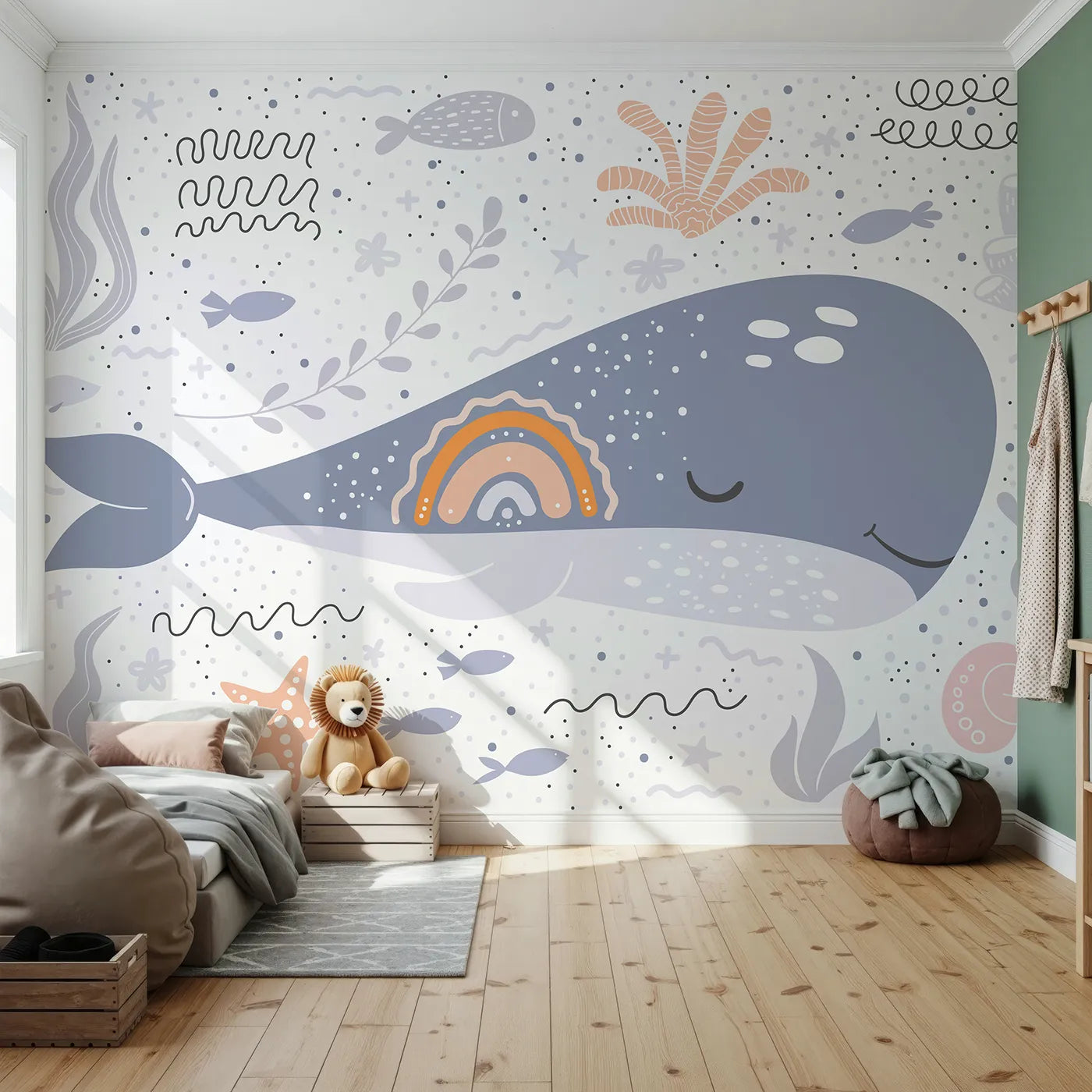 Front view of Whimsy Tots' Boho Rainbow Whale Wall Mural