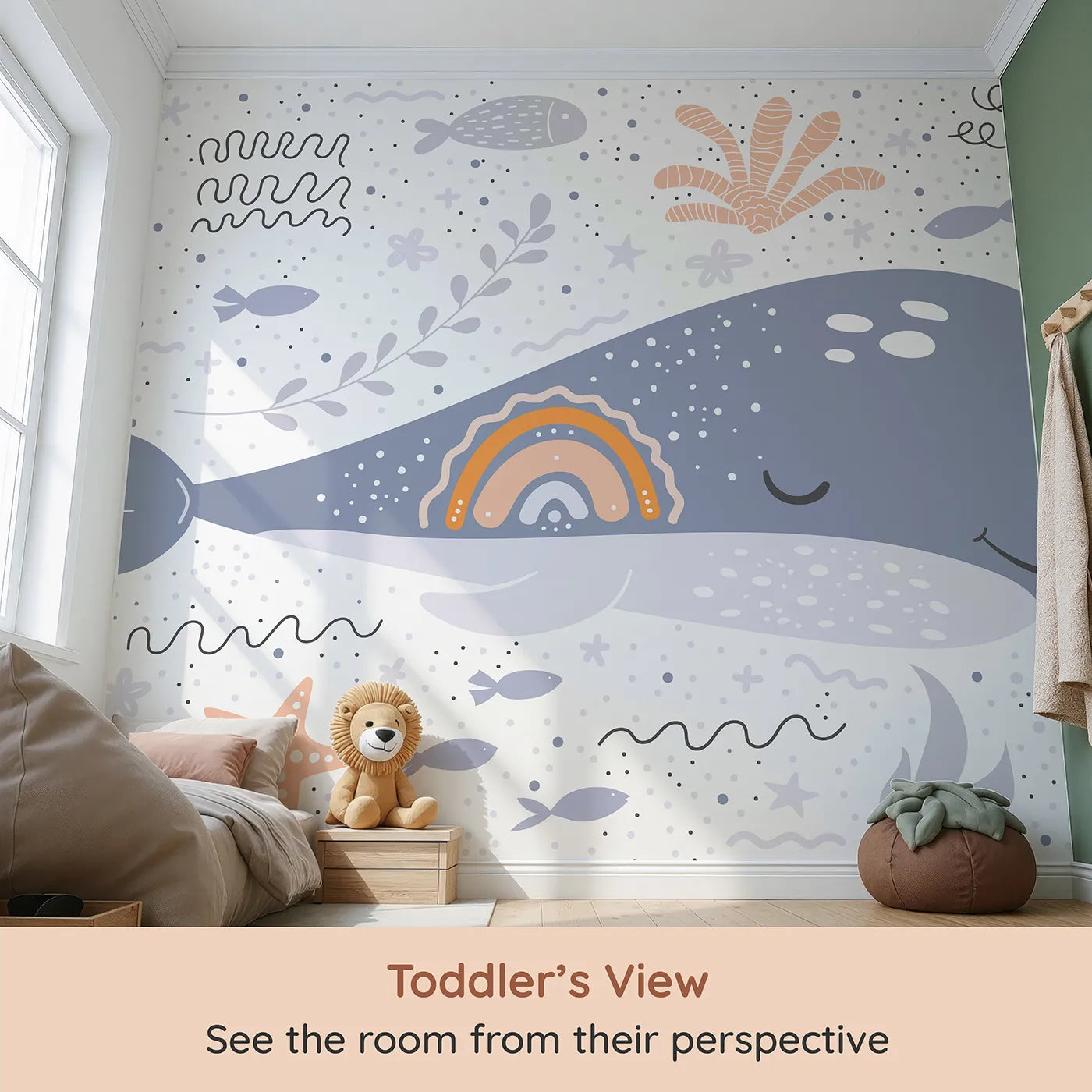 Whimsy Tots Boho Rainbow Whale Wall Mural (Turn Their Room into a Sea of Sweet Dreams) from your child's view.Gender-Neutral