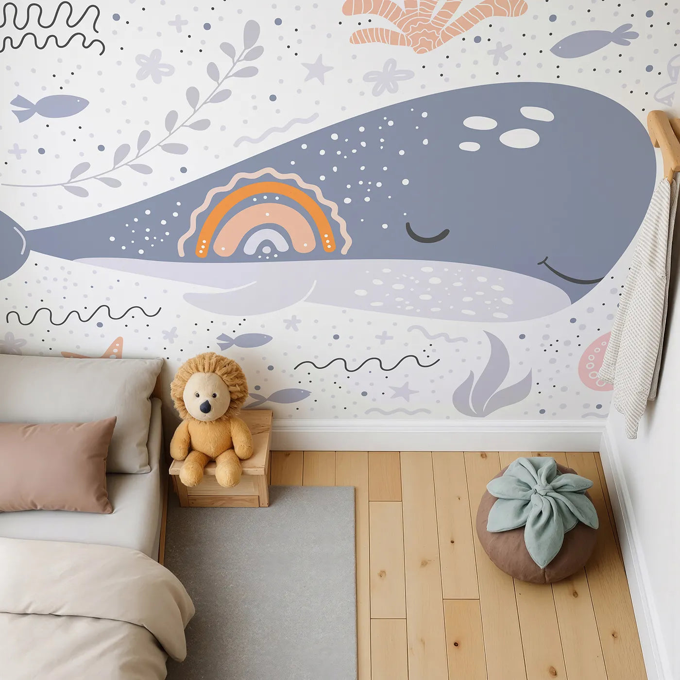 Top-down view of Whimsy Tots' Boho Rainbow Whale Wall Mural (Turn Their Room into a Sea of Sweet Dreams).Gender-Neutral