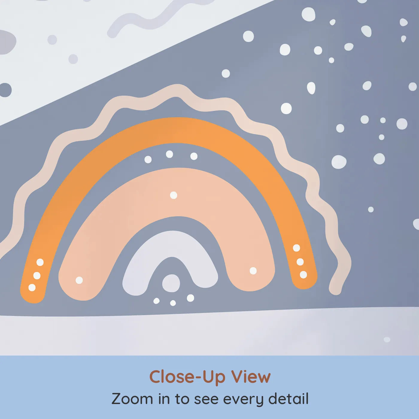 Close-up view of Whimsy Tots' Boho Rainbow Whale Wall Mural (Turn Their Room into a Sea of Sweet Dreams).Gender-Neutral