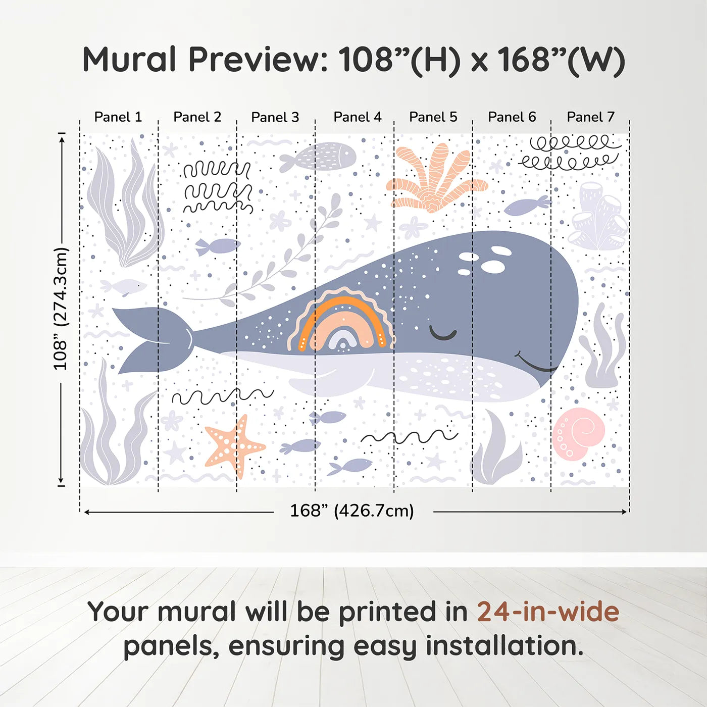 Whimsy Tots Boho Rainbow Whale Wall Muraldimension view (108" H x 168" W). Printed in seven 24-inch-wide panels. Gender-Neutral