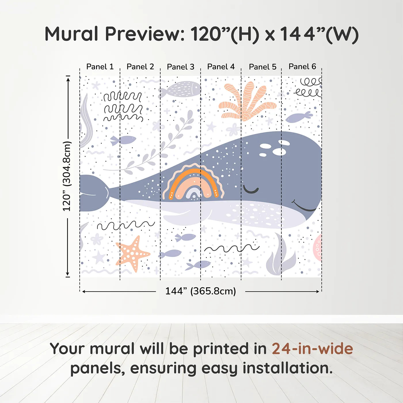 Whimsy Tots Boho Rainbow Whale Wall Muraldimension view (120" H x 144" W). Printed in six 24-inch-wide panels. Gender-Neutral