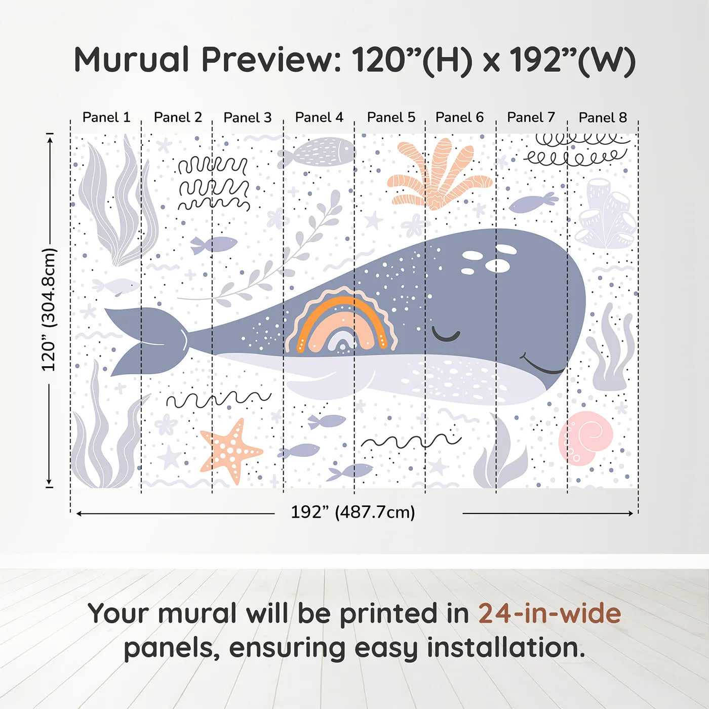 Whimsy Tots Boho Rainbow Whale Wall Muraldimension view (120" H x 192" W). Printed in eight 24-inch-wide panels. Gender-Neutral