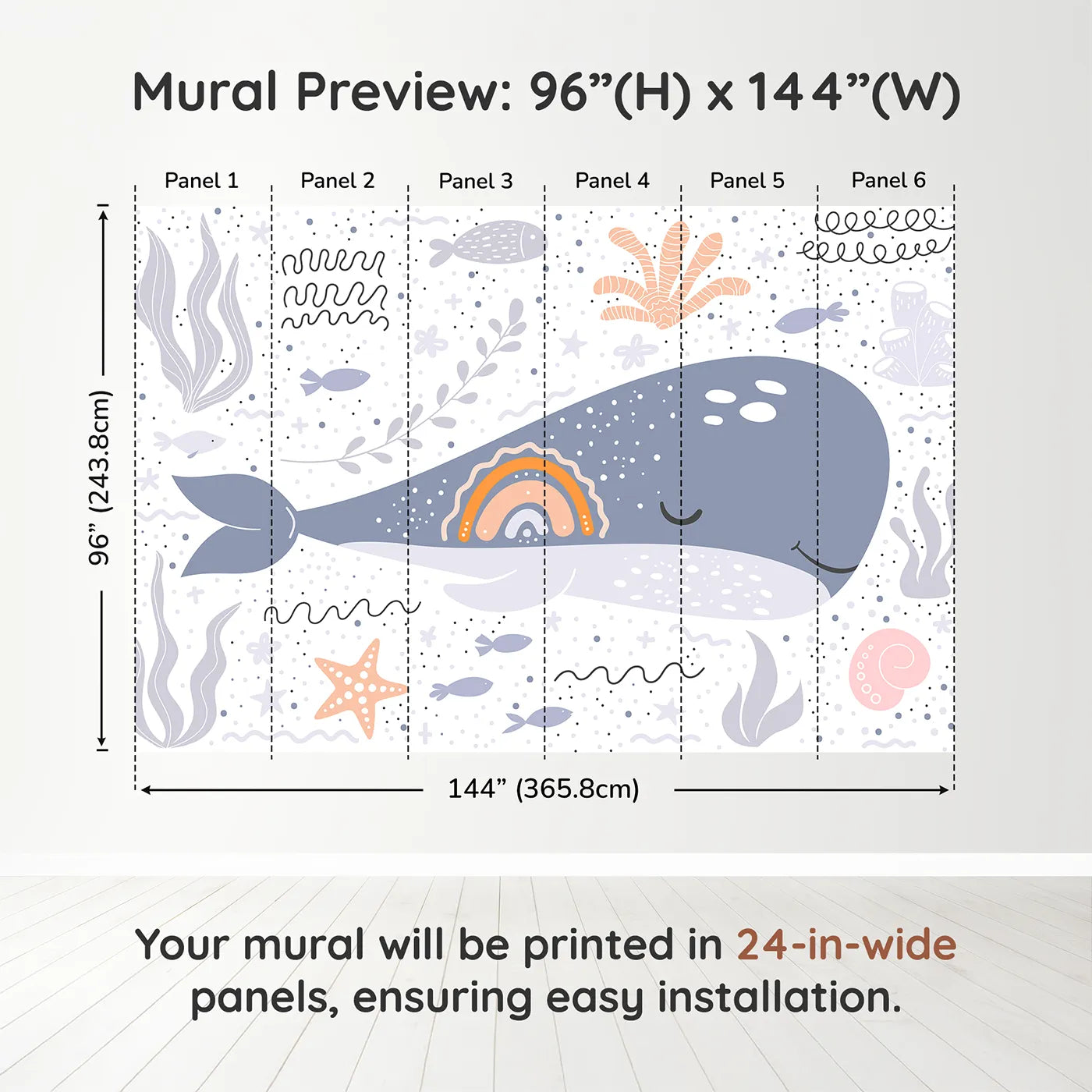 Whimsy Tots Boho Rainbow Whale Wall Muraldimension view (96" H x 144" W). Printed in six 24-inch-wide panels. Gender-Neutral