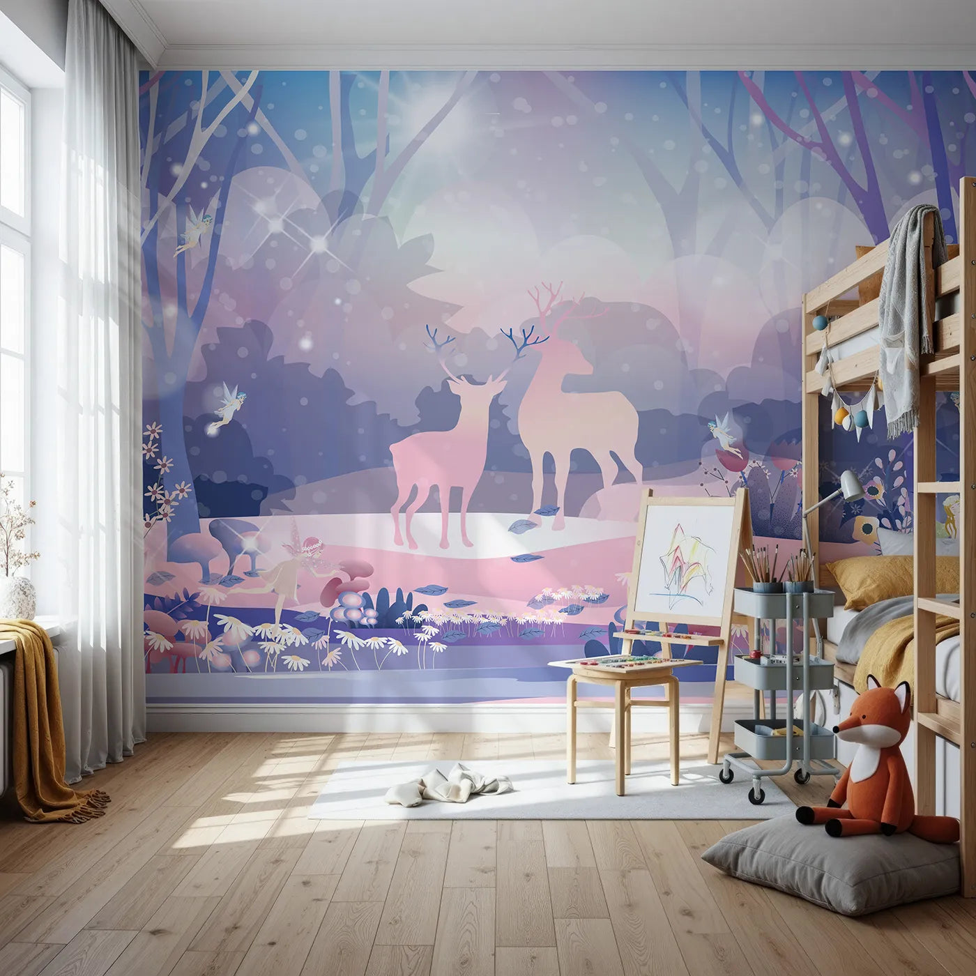 Front view of Whimsy Tots' Enchanted Winter Forest Wall Mural