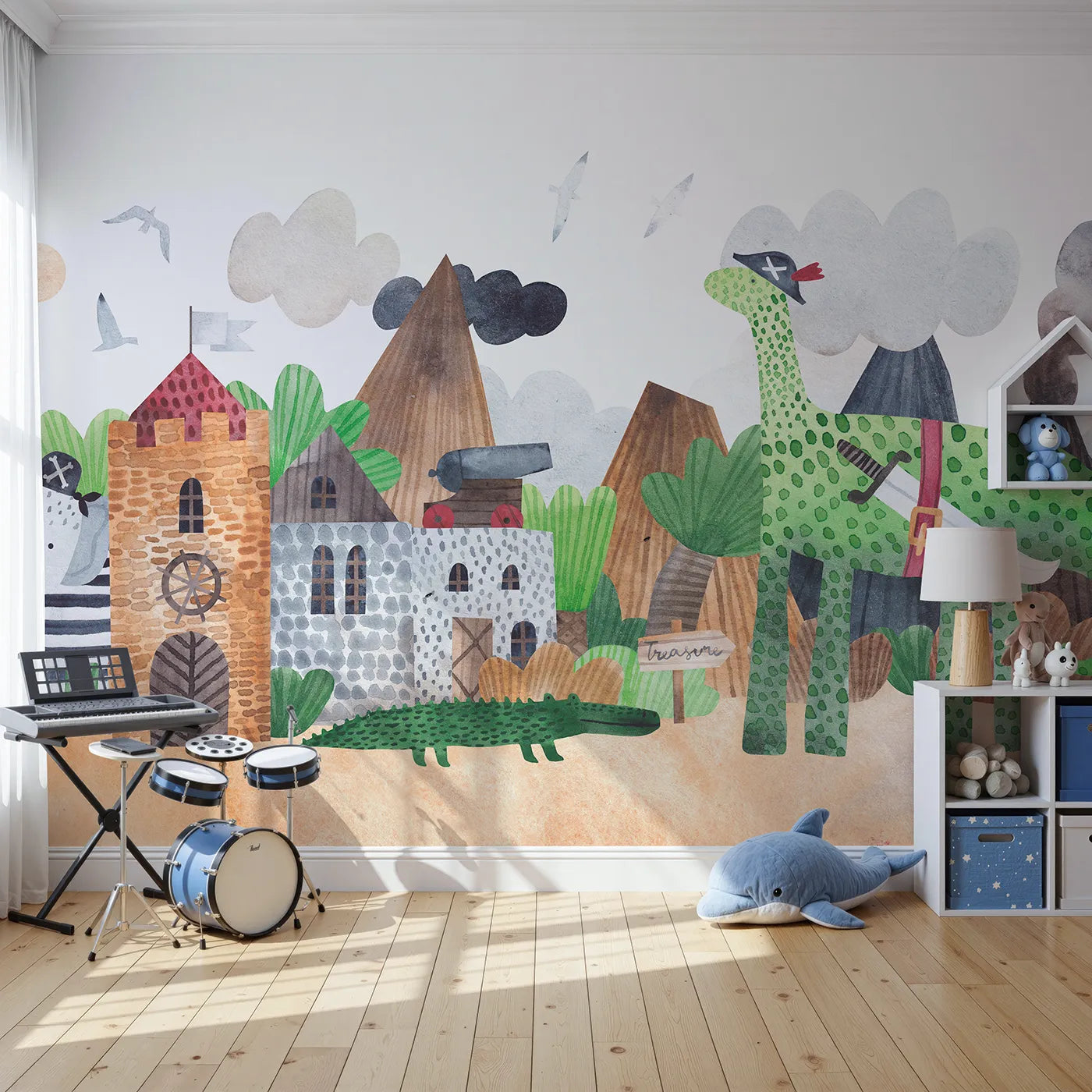 Front view of Whimsy Tots' Pirate Animal Adventure Wall Mural