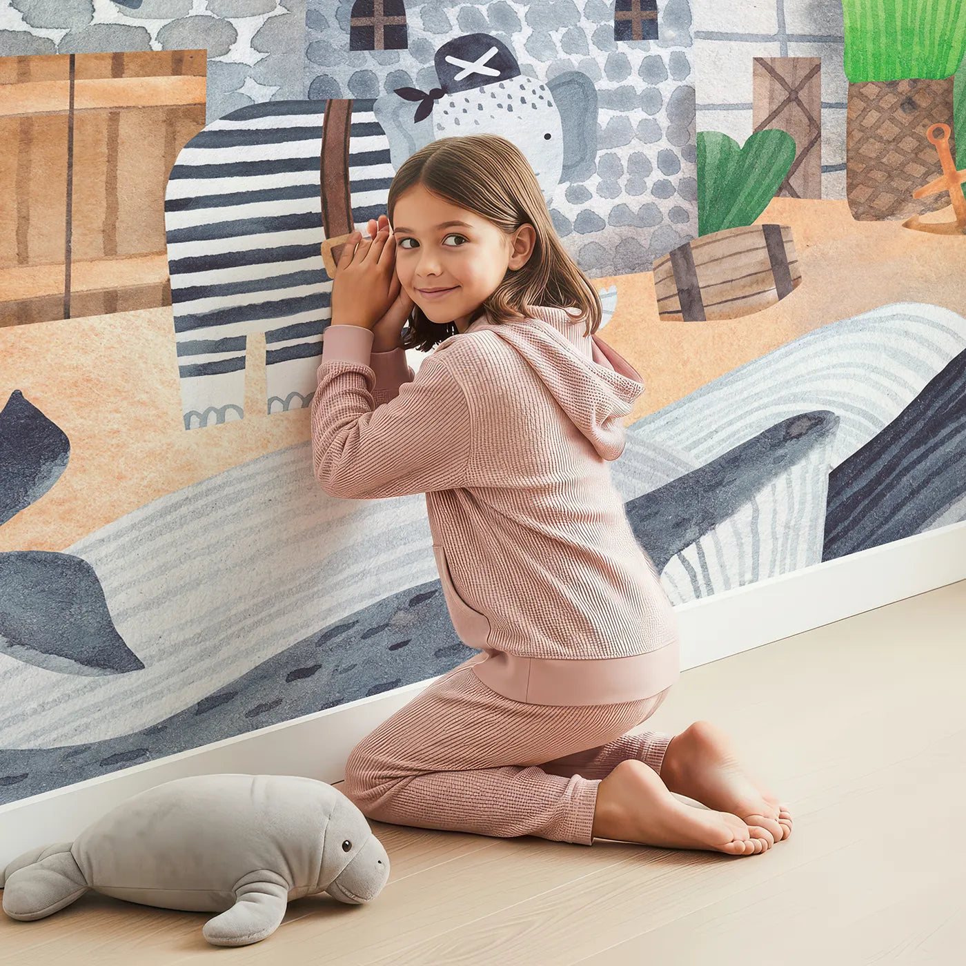 Child in front of Whimsy Tots Pirate Animal Voyage Wall Mural with pirate, animal, ship, castle, sea, ocean, treasure, boat in design.