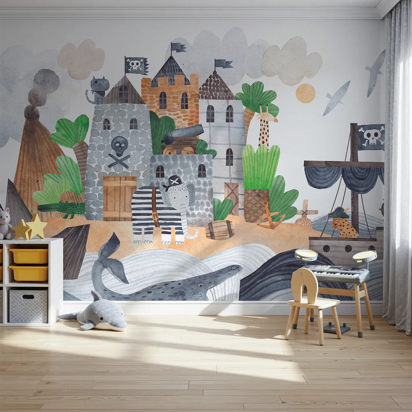 Front view of Whimsy Tots' Pirate Animal Voyage Wall Mural