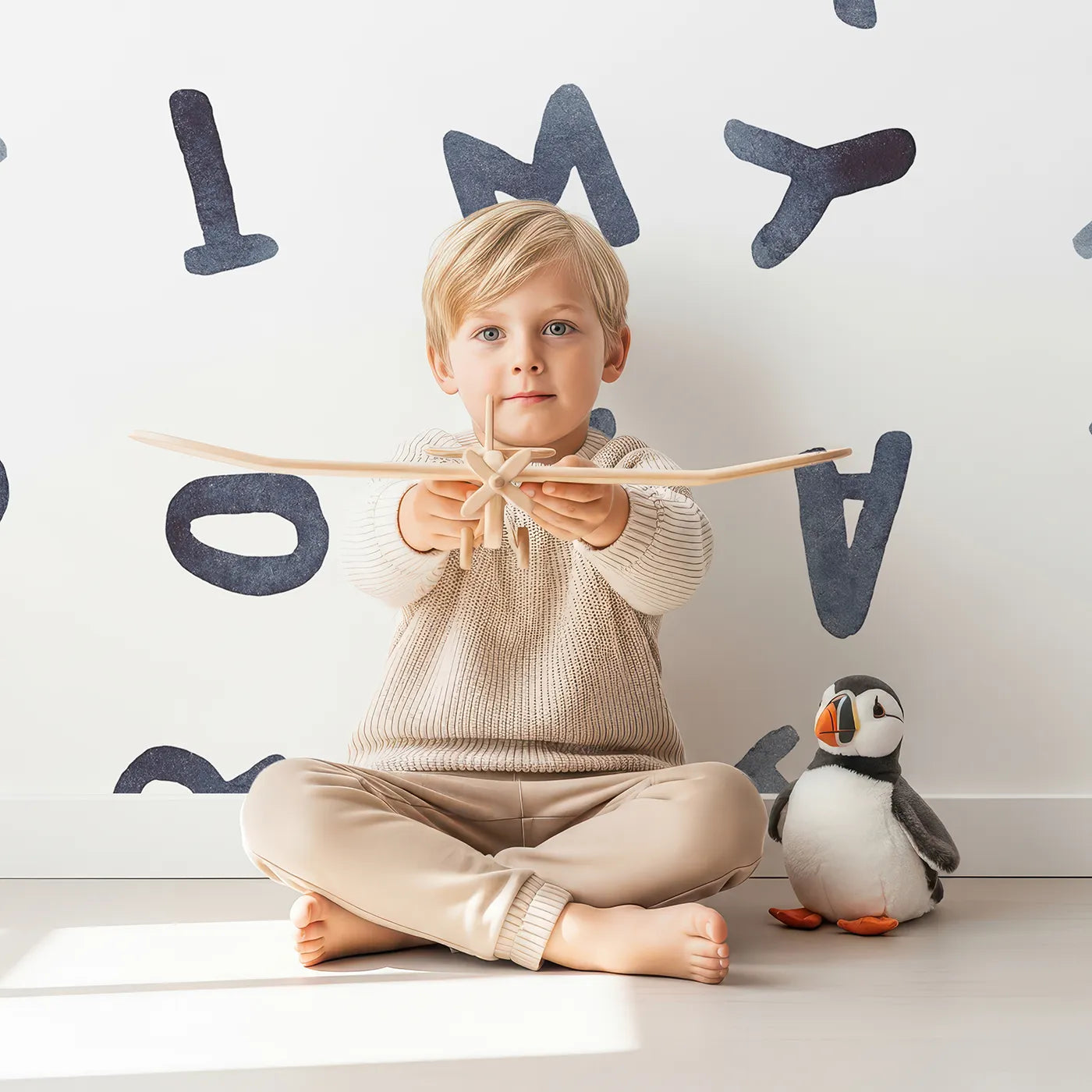 Child in front of Whimsy Tots Watercolor Letters Wall Mural with alphabet, letter, watercolor, blue, number, typography, learn, modern in design.