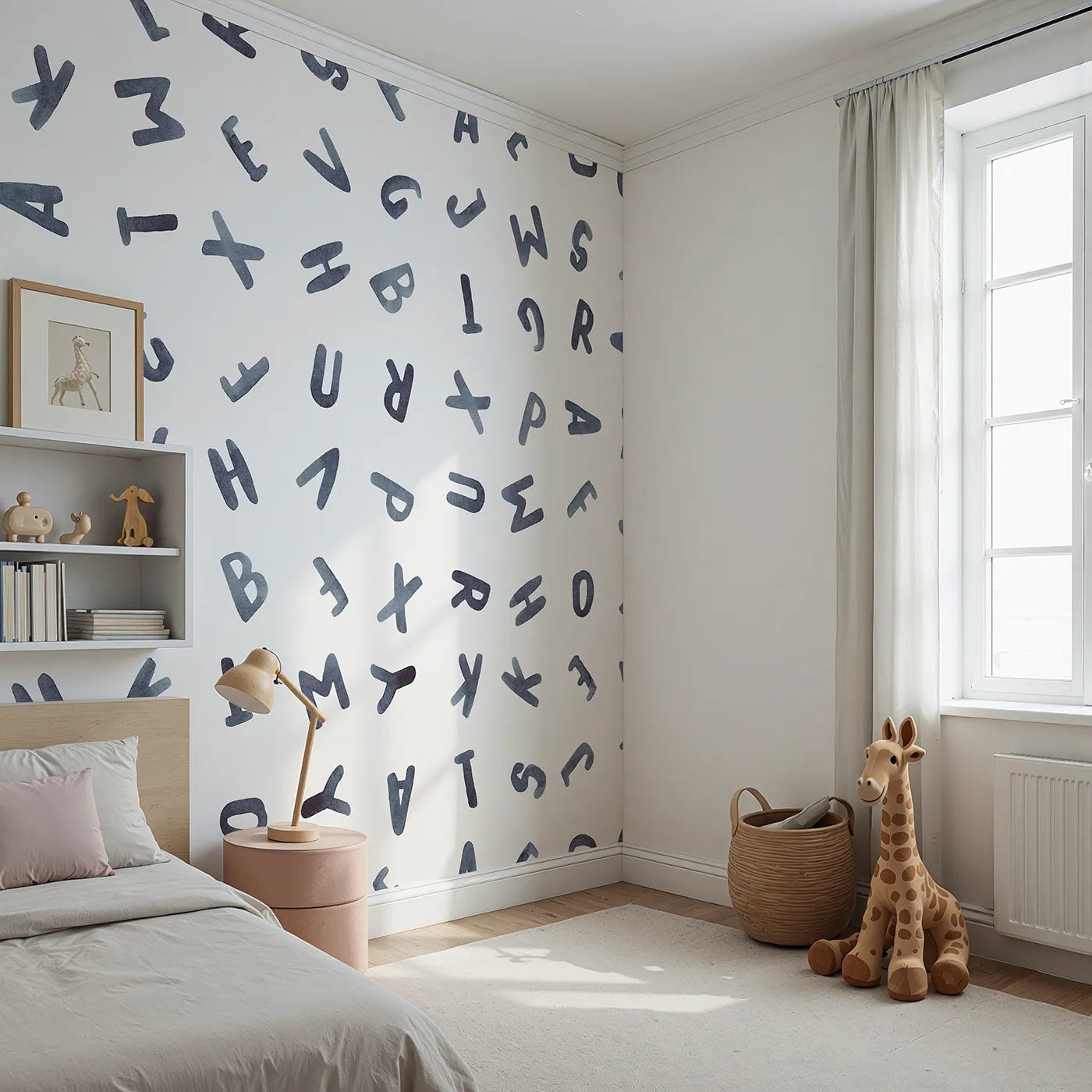 Angled view of Whimsy Tots' Watercolor Letters Wall Mural (Turn Their Room into an Artistic Alphabet).Gender-Neutral