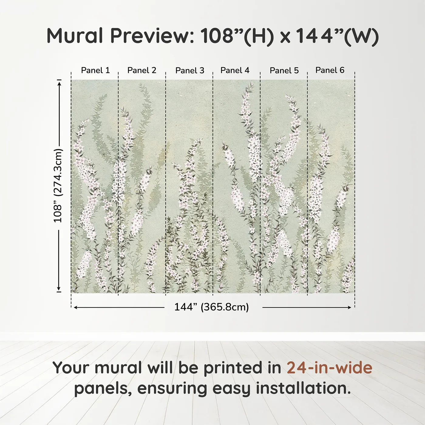 Whimsy Tots Heather Field Wall Muraldimension view (108" H x 144" W). Printed in six 24-inch-wide panels. Gender-Neutral