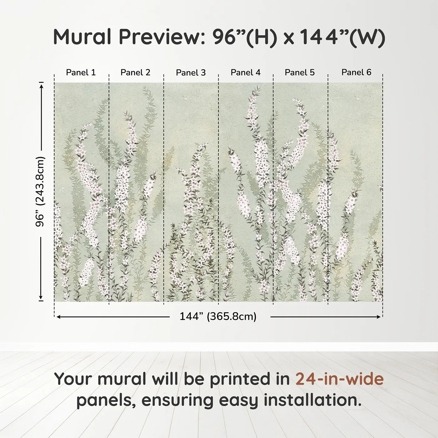 Whimsy Tots Heather Field Wall Muraldimension view (96" H x 144" W). Printed in six 24-inch-wide panels. Gender-Neutral