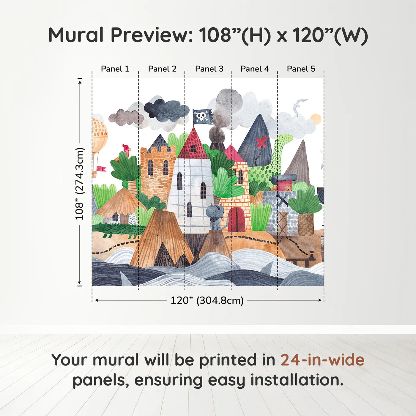 Whimsy Tots Treasure Island Adventure Wall Muraldimension view (108" H x 120" W). Printed in five 24-inch-wide panels. Best for Boys