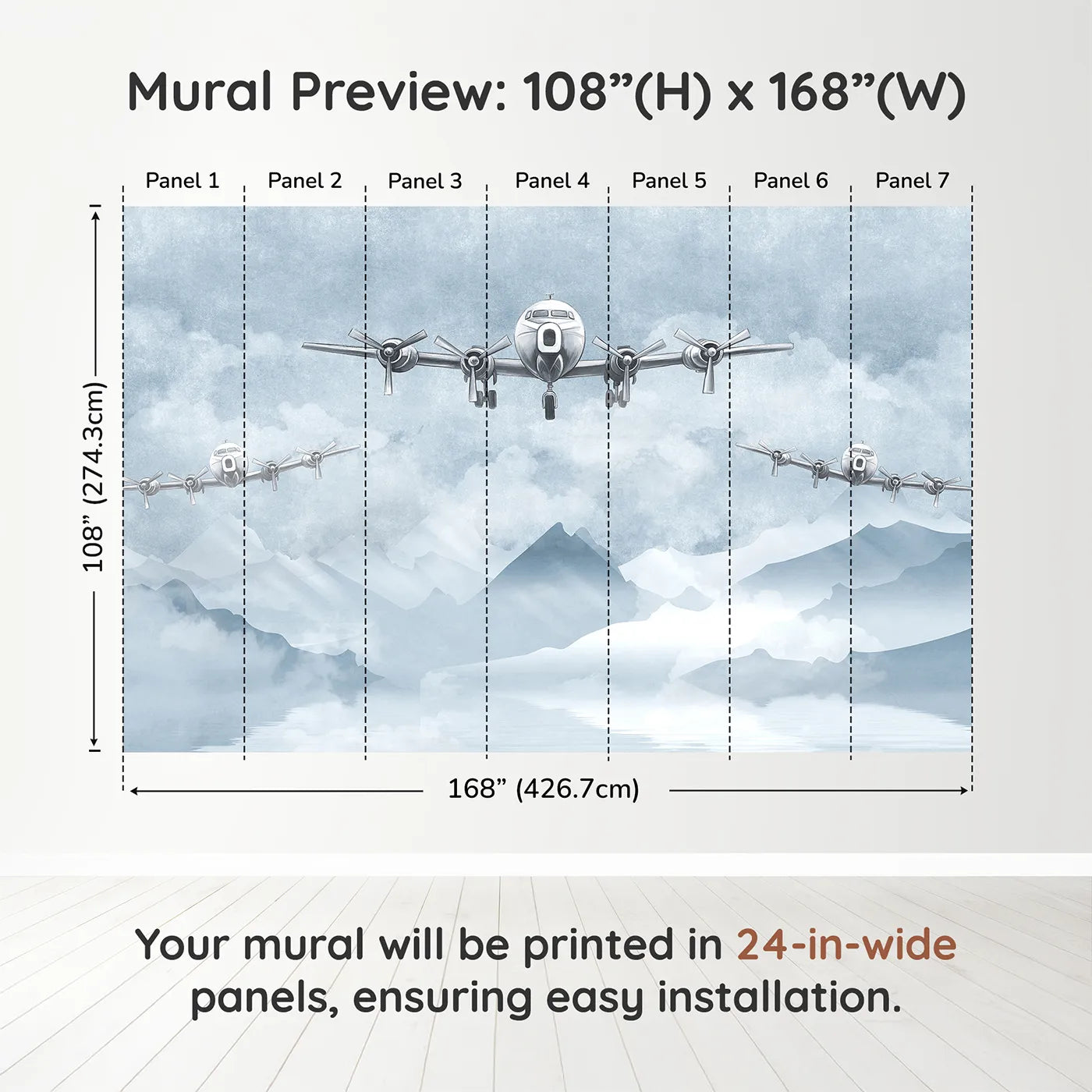 Whimsy Tots Vintage Propeller Planes Wall Muraldimension view (108" H x 168" W). Printed in seven 24-inch-wide panels. Gender-Neutral