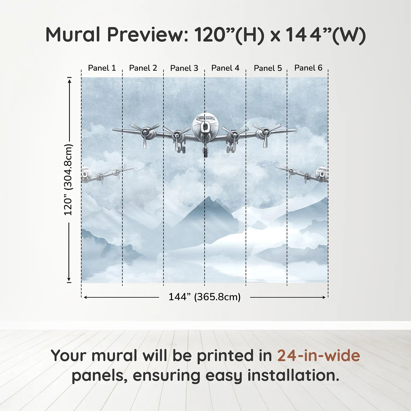 Whimsy Tots Vintage Propeller Planes Wall Muraldimension view (120" H x 144" W). Printed in six 24-inch-wide panels. Gender-Neutral