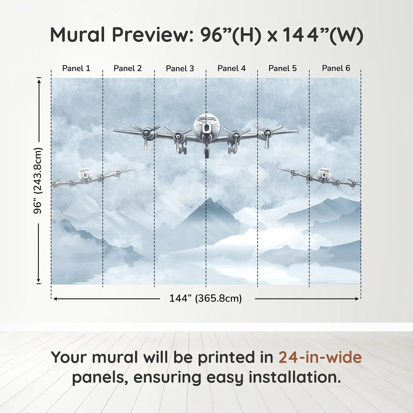 Whimsy Tots Vintage Propeller Planes Wall Muraldimension view (96" H x 144" W). Printed in six 24-inch-wide panels. Gender-Neutral