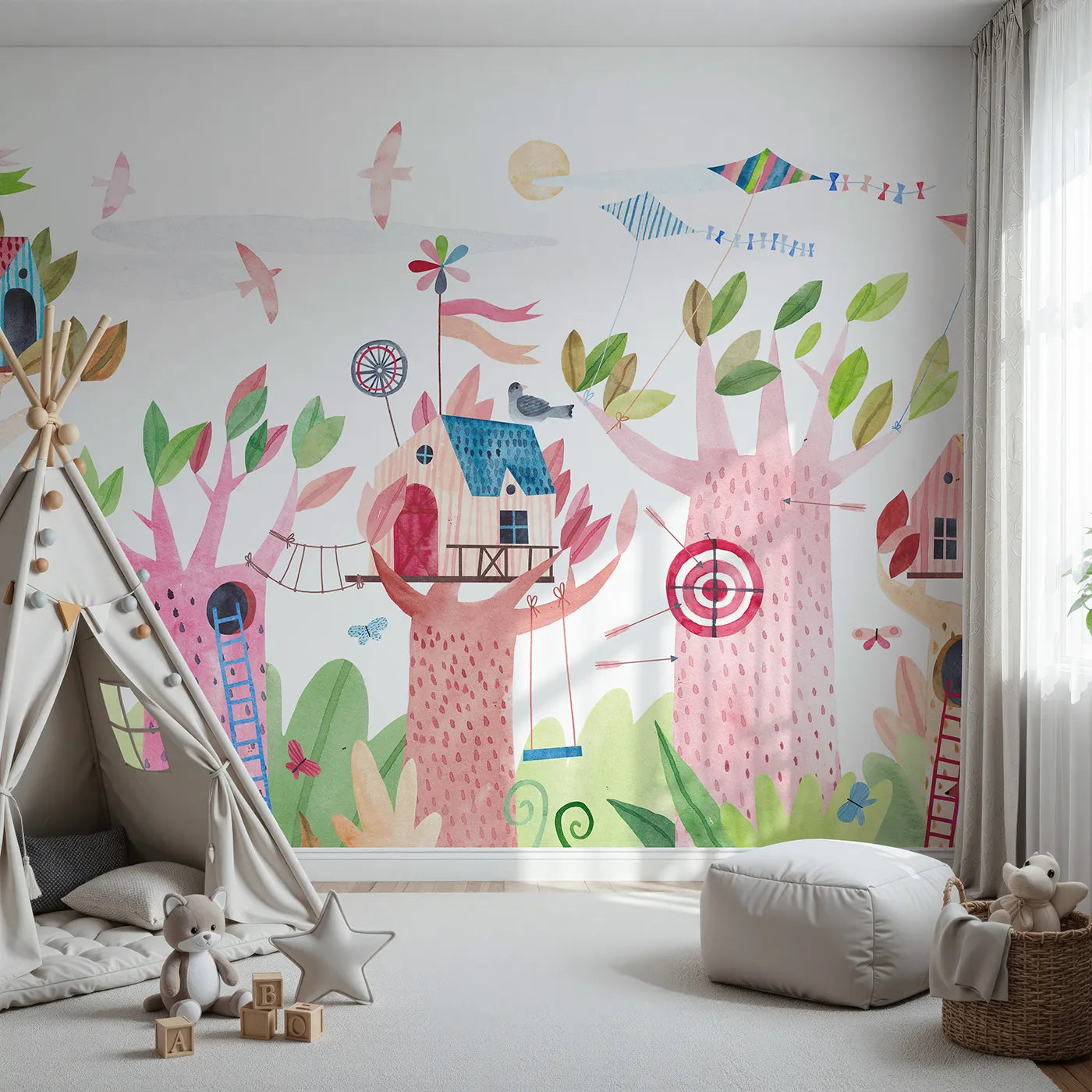 Front view of Whimsy Tots' Watercolor Treehouse Village Wall Mural