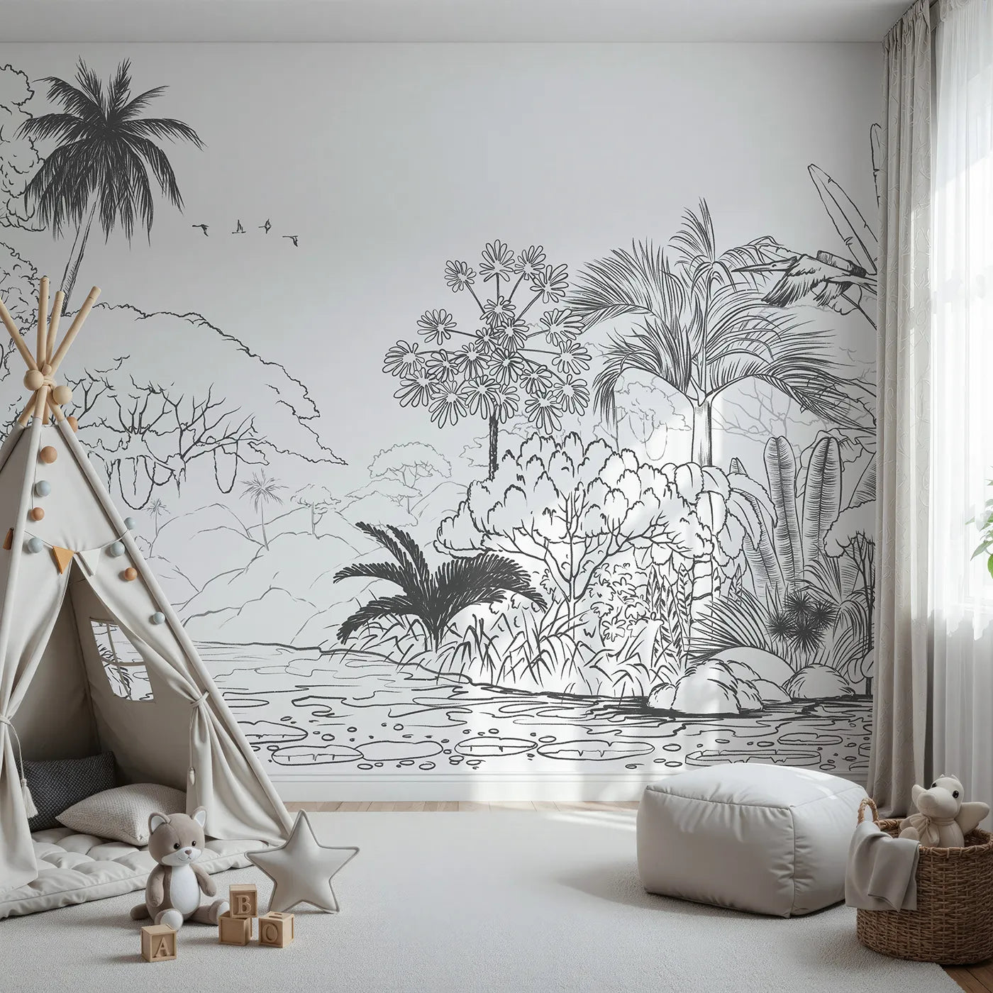 Front view of Whimsy Tots' Jungle Coloring Page Wall Mural