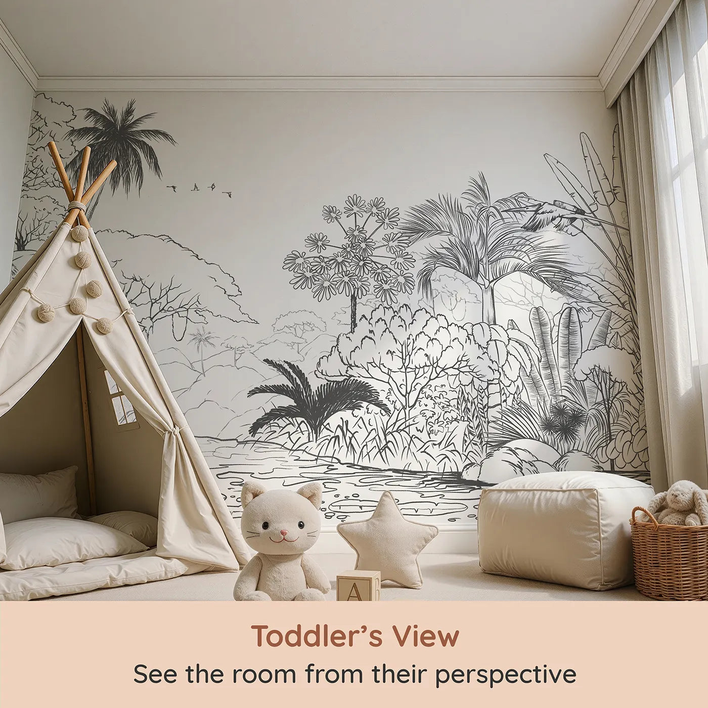 Whimsy Tots Jungle Coloring Page Wall Mural (Turn Their Room into a Giant Coloring Adventure) from your child's view.Gender-Neutral