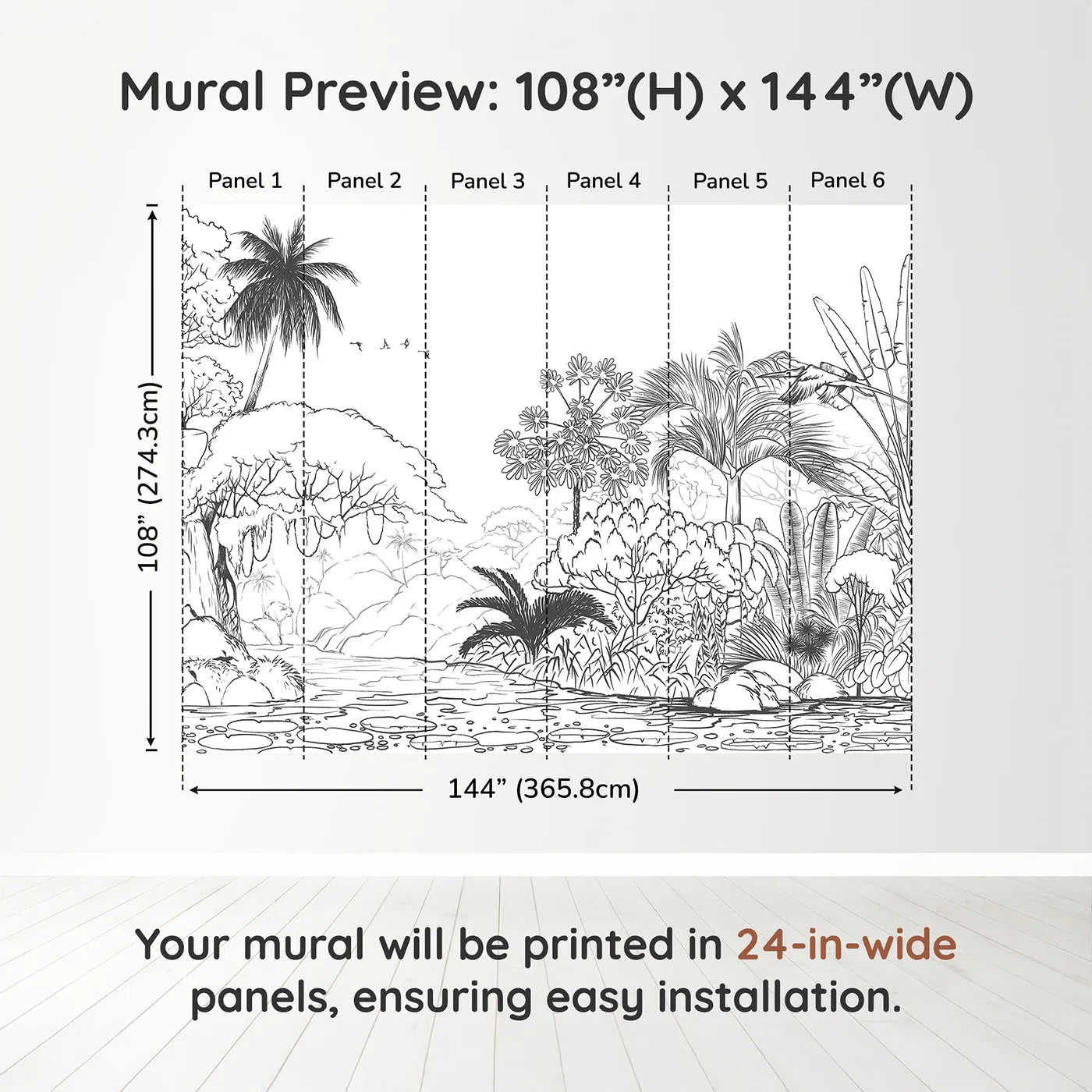 Whimsy Tots Jungle Coloring Page Wall Muraldimension view (108" H x 144" W). Printed in six 24-inch-wide panels. Gender-Neutral